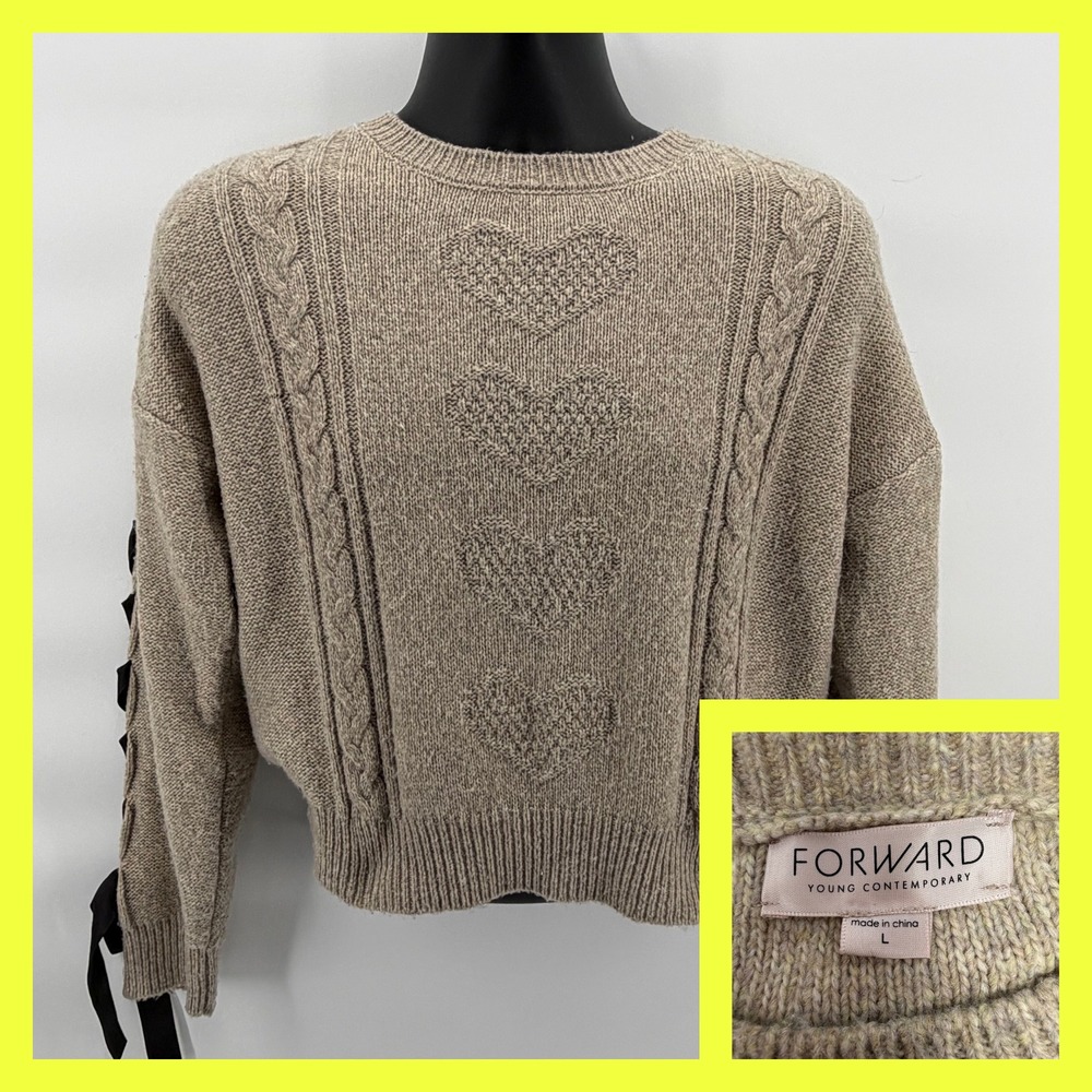 Forward Heart Cable Knit Sweater Gray Large Lace Up Ribbon Sleeve Coquette Boho‎